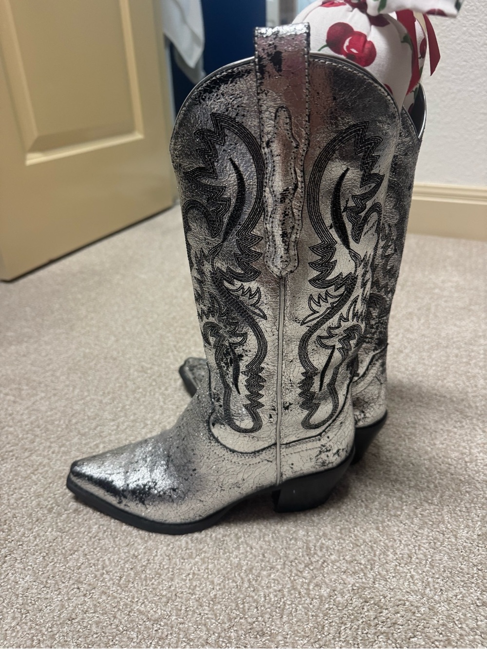 Jeffrey Campbell Silver Metallic Western Boots with Black Embroidery